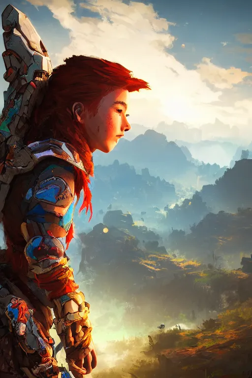 Image similar to combination suit armor aloy horizon forbidden west horizon zero dawn radiating a glowing aura global illumination ray tracing hdr fanart arstation by ian pesty and alena aenami artworks in 4 k tribal robot ninja mask helmet backpack