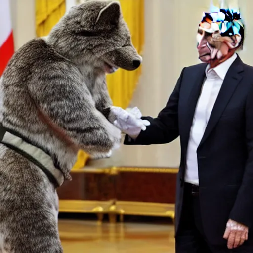 Prompt: Vladimir Putin swearing fealty to a council of furries