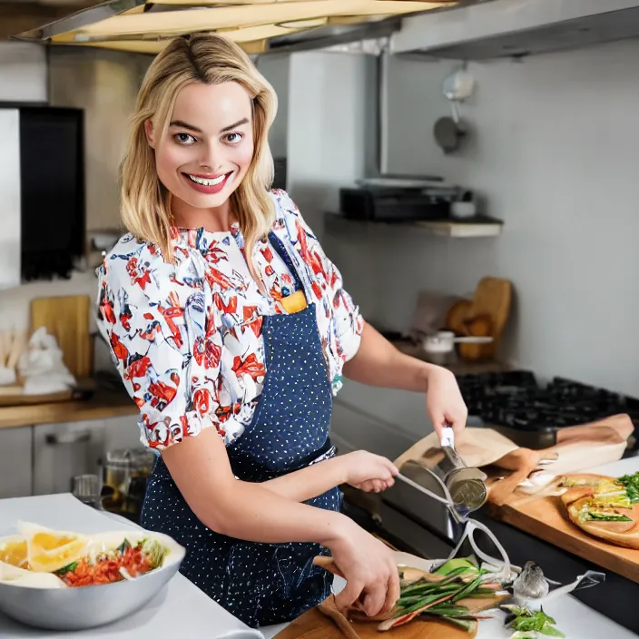 Image similar to portrait of Margot Robbie cooking while wearing kemben, by Charlotte Grimm, natural light, detailed face, CANON Eos C300, ƒ1.8, 35mm, 8K, medium-format print