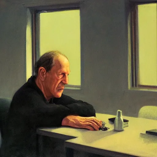 Image similar to werner herzog sits in the waiting room at the dmv, holding boltcutters. style of edward hopper, award winning, photo realistic, dynamic lighting, very detailed face, 4 k, chris ware