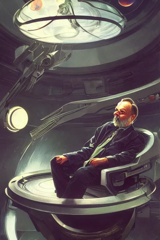 Prompt: painting of science fiction author pkd philip k. in an alien spaceship, ultra realistic, sharp details, subsurface scattering, intricate details, warm lighting, beautiful features, highly detailed, photorealistic, octane render, 8 k unreal engine, art by artgerm and greg rutkowski and alphonse mucha