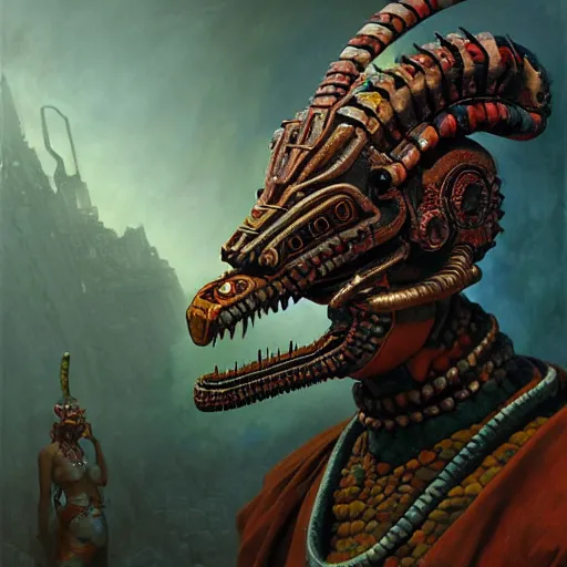 Image similar to a expressive portrait of masked diesel punk quetzalcoatl on the art of mayan ancient culture, artstation, award - winning realistic sci - fi concept art by jim burns and greg rutkowski, beksinski, a realism masterpiece, expressive color palette, james gilleard, bruegel, alphonse mucha, and yoshitaka amano