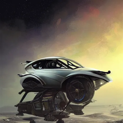 Image similar to futuristic lada flying car on the street of a Russian sleeping quarters on the moon, Norilsk, sci-fi, fantasy, intricate, very very beautiful, elegant, highly detailed, digital painting, artstation, concept art, smooth, sharp focus, illustration, art by artgerm and greg rutkowski and alphonse mucha
