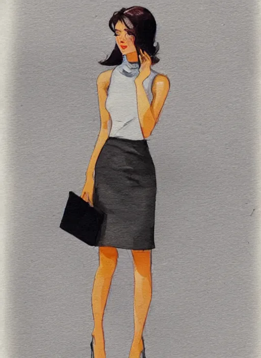 Prompt: concept art of a modern office life, young attractive business woman in pencil miniskirt and sleeveless turtleneck, pinterest, artstation trending, behance, watercolor, by coby whitmore, silver, laser light,