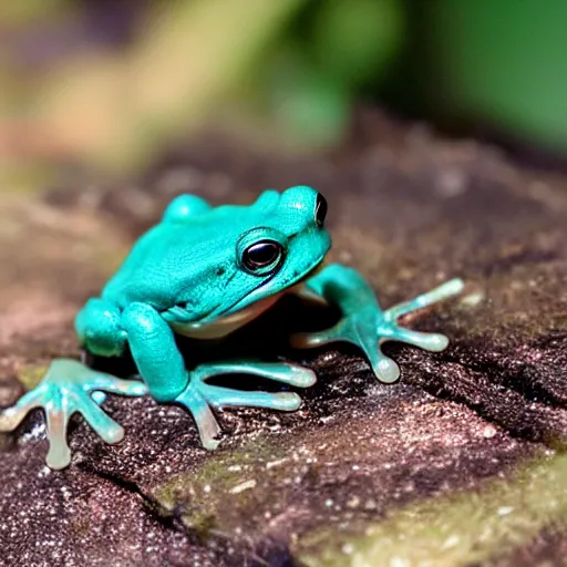 Prompt: photo { teal frog } with { red eyes }