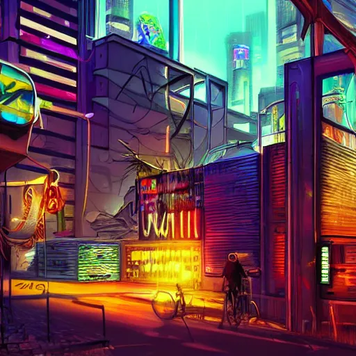 Image similar to beautiful graffiti on a wall in a cyberpunk city, happy mood, futuristic, high detail, sunset, realistic