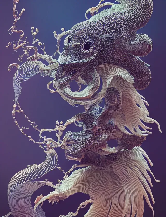 Image similar to 3 d abstract ornament. ram skull. beautiful intricately detailed japanese crow kitsune mask and clasical japanese kimono. betta fish, jellyfish phoenix, bio luminescent, plasma, ice, water, wind, creature, artwork by tooth wu and wlop and beeple and greg rutkowski