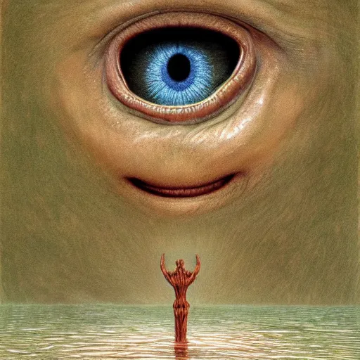 Prompt: he is watching, eyes, water, flesh, pristine, future, nature, by Ross Tran, Basil Gogos, Laurie Lipton, Zdzisław Beksiński, Junji Ito, Laurie Lipton, and Michael Whelan, distant, gustav dore, H.R. Giger, 8k, hd, 4k, hyper, realistic, octane render