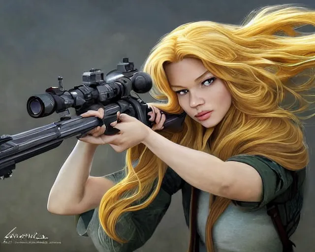 Image similar to disney princess with long blonde hair versus m 9 0 sniper rifle : : weta disney pixar movie still photo : : hi - fructose, decadent highly - detailed digital painting, golden ratio, octane render, artstation, smooth, sharp focus, artgerm, mucha, loish, wlop