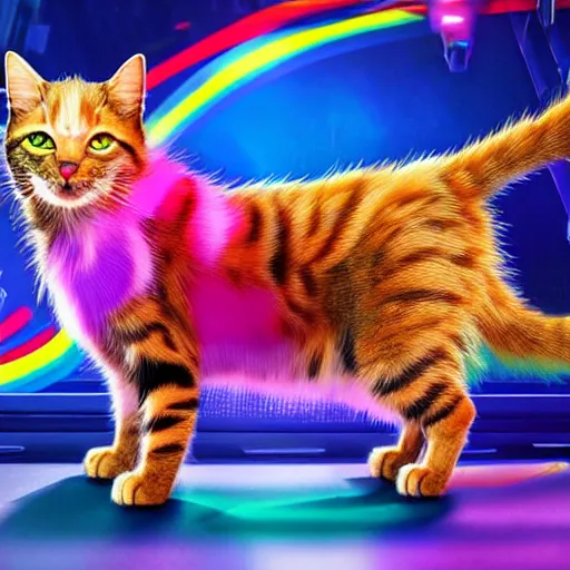 Image similar to a cat with rainbow fur in the style of cyberpunk 2077, 8k, hd