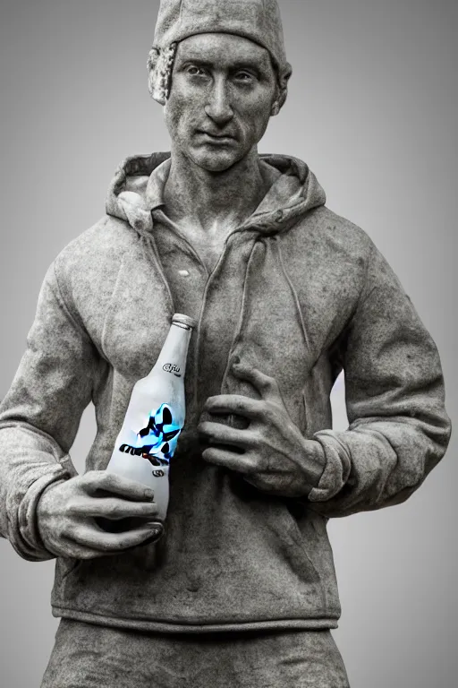 Prompt: marble sculpture of man in Adidas winter jacket sportswear holding a marble beer, bottle intricate sculpture, chiseled muscles, godlike, Rembrandt lighting, 4k, museum, DSLR photo