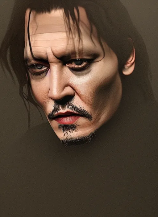 Prompt: screenshoot from david lynch weird movie, face centered portrait of johnny depp, confident, fog, rain, volumetric lighting, beautiful, golden hour, sharp focus, ultra detailed, cgsociety by leesha hannigan, ross tran, thierry doizon, kai carpenter, ignacio fernandez rios, noir photorealism, film