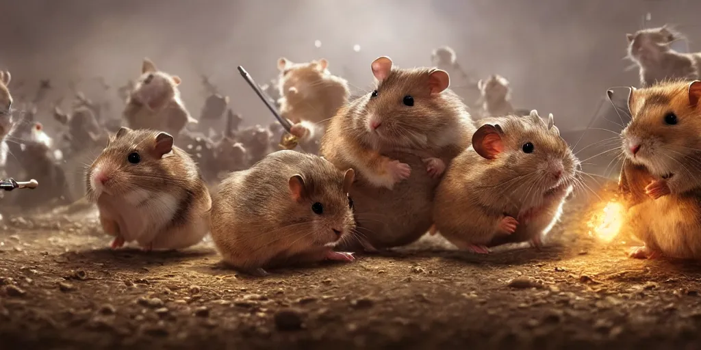 Image similar to highly detailed image of hamsters in a battle, hamsters, hamsters holding rifles, stephen bliss, unreal engine, fantasy art by greg rutkowski, global illumination, radiant light, detailed and intricate environment