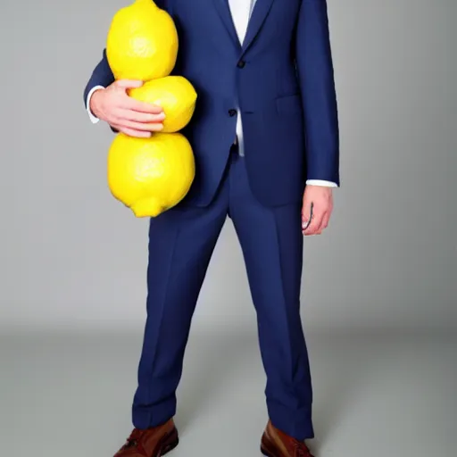 Image similar to a man wearing a suit lemon head