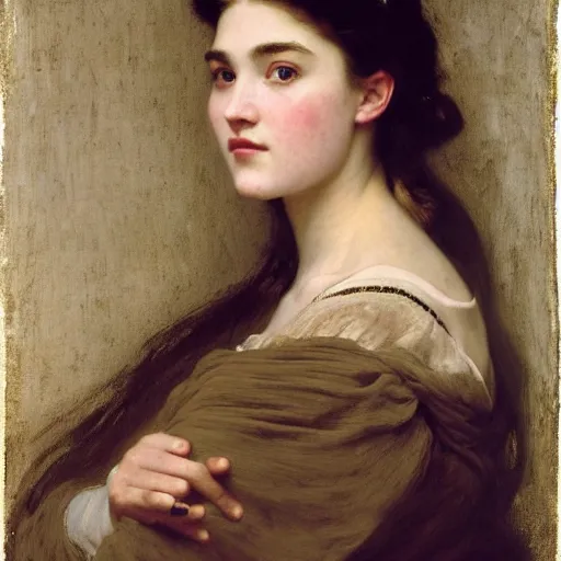 Image similar to Portrait of Florence Pugh, by William Adolphe Bouguereau, John Singer Sargent, Vermeer, serene