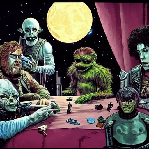 Prompt: scruffy punk starship crew sitting at table and playing dungeons & dragons, extraterrestrials, alien 1 9 7 9, ron cobb, jim henson creature shop, mike mignogna, highly detailed, comic book, science fiction, used future