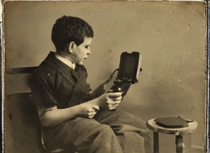 Image similar to a daguerrotype photo of a boy playing videogames, award winning photo