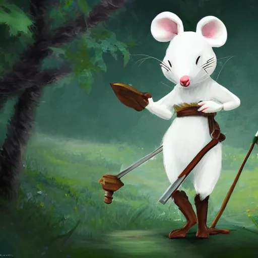 Prompt: an adventurous anthropomorphic white mouse wearing medieval clothing walking through a lush forest, cinematic lighting, concept art, brain froud