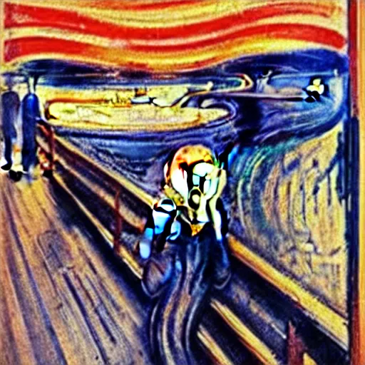 Prompt: painting of edvard munch's the scream with the two witnesses standing in the background, highly accurate, 8 k, highly ornate intricate details,