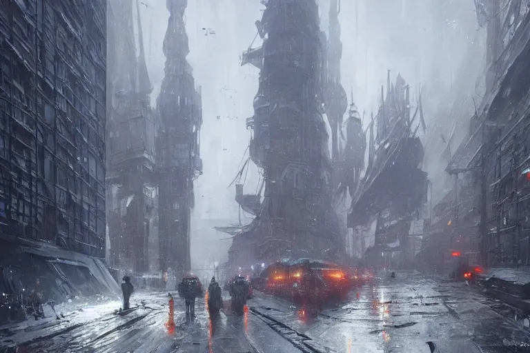 Image similar to cyberpunk depiction of the city of gdansk during arctic conditions by greg rutkowski