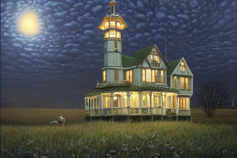 Image similar to a beautiful hyperrealistic painting of a victorian house with a tower at night, very detailed by andrea kowch and samuel and joseph newsom