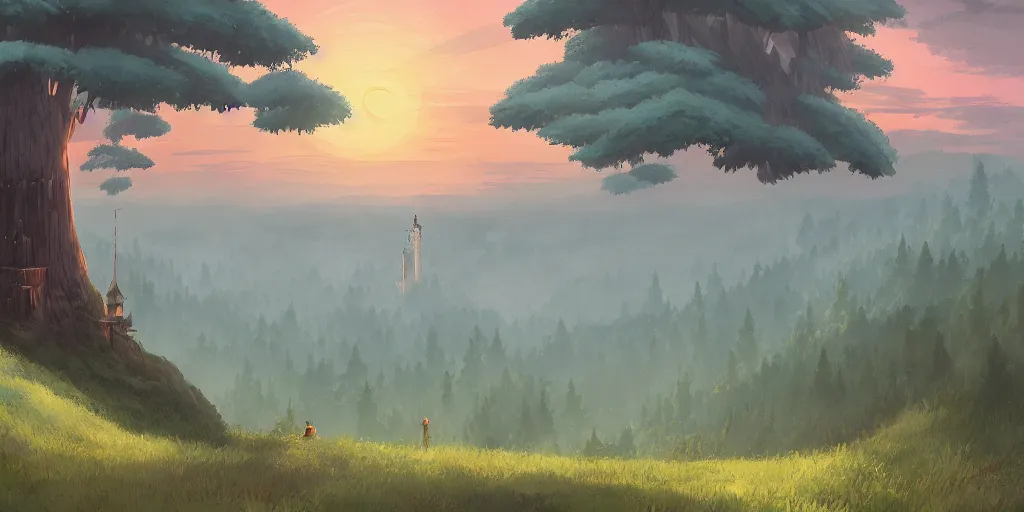 Prompt: dawn behind a very high tower made of wood, on the top of a summer hill, forest, painted by miyazaki, ghibli, artstation