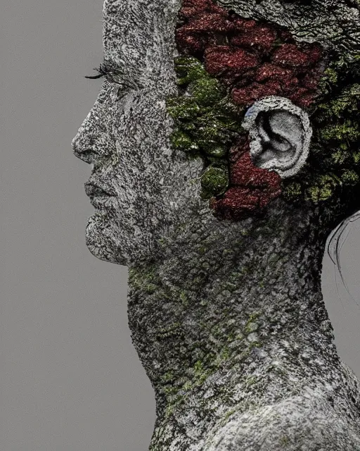 Image similar to a woman's face in profile, made of lichens, in the style of the dutch masters and gregory crewdson, dark and moody