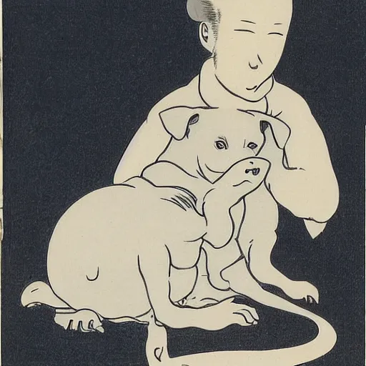 Image similar to tired white pitbull puppy curled up on a japanese man's lap, vintage, art by utamaro