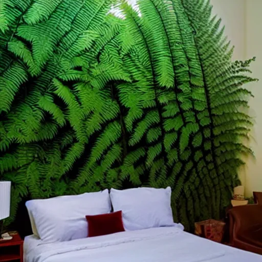 Prompt: a shady motel room covered with ferns