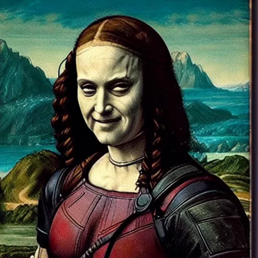 Image similar to the Deadpool as Monalisa, realistic painting by Leonardo da Vinci