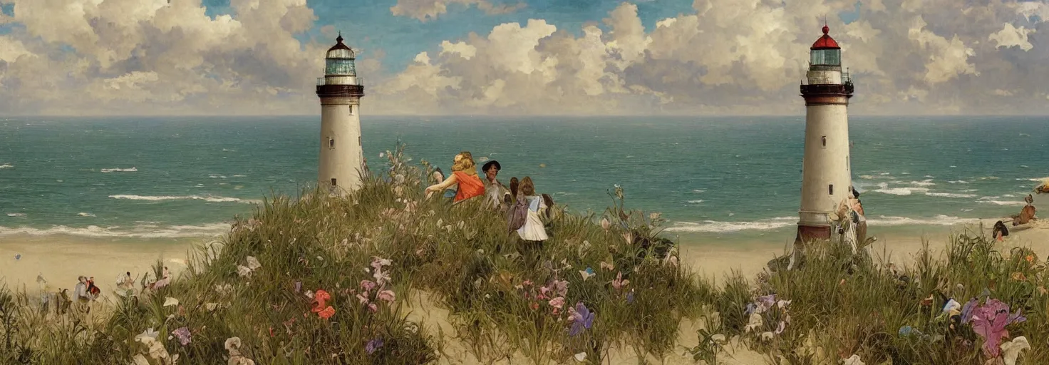 Image similar to super detailed in the style of Jan Brueghel the Elder, greg rutkowski and alphonse mucha , of Prince Edward Island with ocean a single lighthouse and sand dunes.