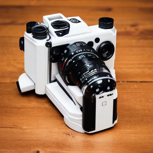 Image similar to photograph of a Stormtrooper inspired medium format TLR camera!!! . very detailed. plain background. 8K . still life photo. elegant vintage design.