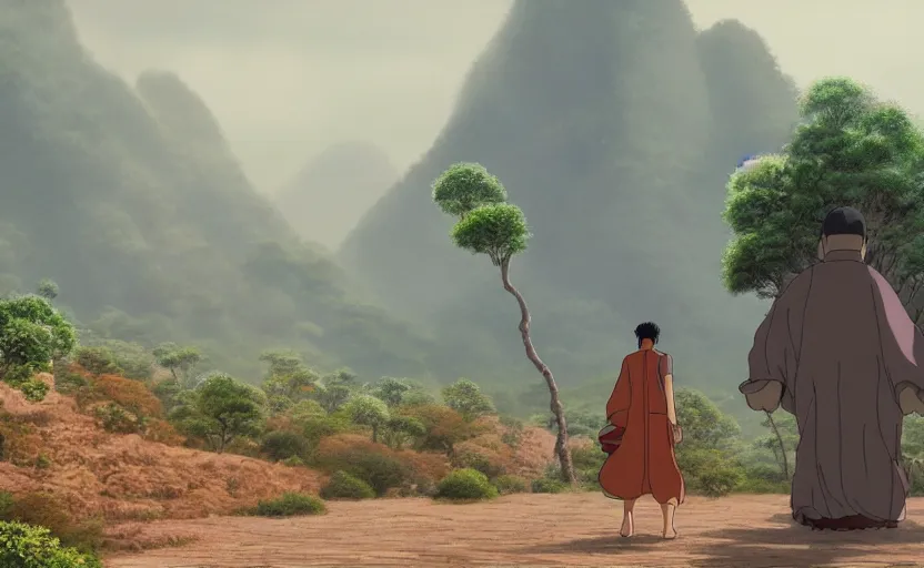 Image similar to a movie still from a studio ghibli movie showing a highly detailed landscape with a giant living buddha walking a valley in the desert. misty, depth perception, 4 k