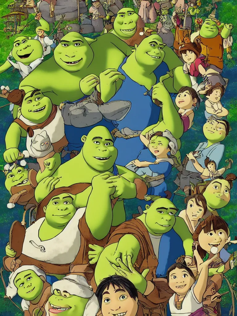 Image similar to shrek movie poster in the style of studio ghibli hayao miyazaki hd illustration