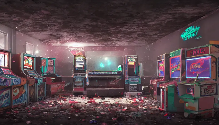 Image similar to abandoned 9 0's arcade room, cobwebs, dust, particles, dusty, arcade machines, hyperdetailed, artstation, cgsociety, 8 k