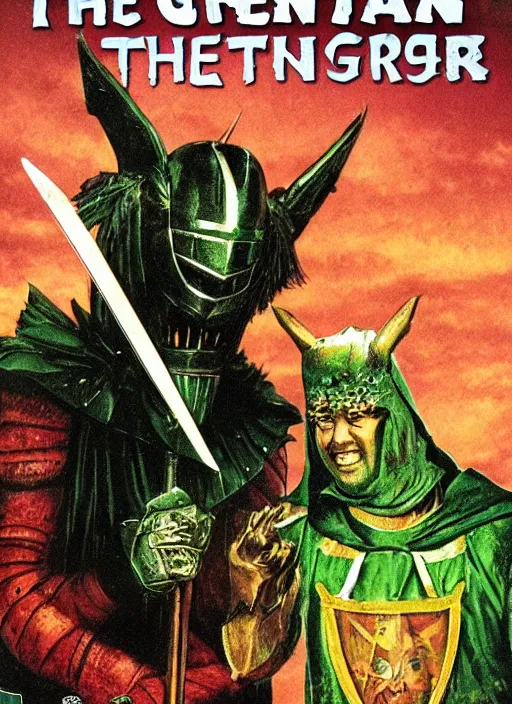 Prompt: The Green Knight (2021), 1980's VHS horror cover art, highly detailed