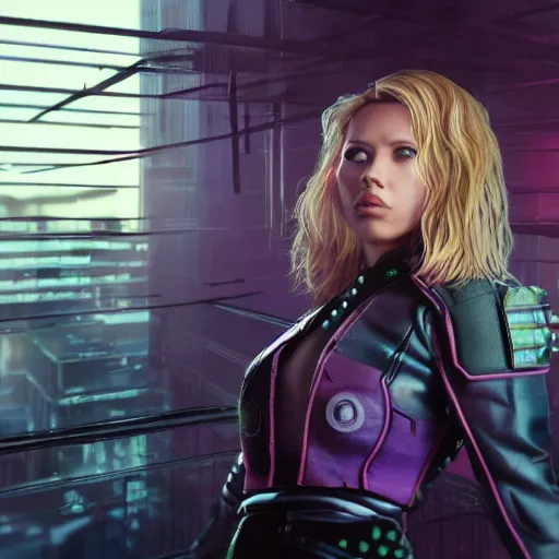 Prompt: scarlett johansson in cyberpunk, render