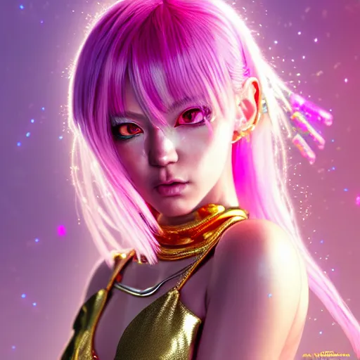 Prompt: hyperdetailed portrait of a stunningly beautiful pink cyberpunk cute girl made of metals and shiny iridescent gems, bright rainbow nimbus, gold necklace, smoke background inspired by ross tran and masamune shirow and kuvshinov, intricate, photorealistic, octane render, rtx, hdr, unreal engine, dnd digital art by artgerm