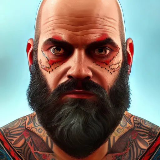 Prompt: high detailed portrait of a bald wizard with red long beard and a tribal tattoo around his left eye, gta 5 cover style, highly detailed, digital painting, Trending on artstation , HD quality, by Samwise Didier, dramatic light, octane