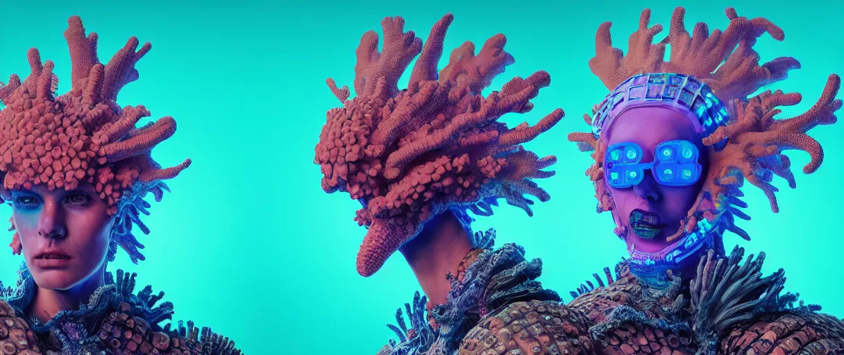 Prompt: hyperrealist highly detailed english medieval portrait of high fashion monster wearing uv light reef armor, radiating atomic neon corals, concept art pascal blanche dramatic studio lighting 8k wide angle shallow depth of field