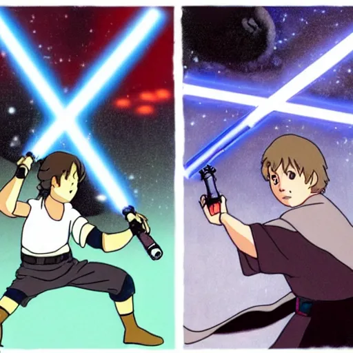 Prompt: Studio Ghibli Luke Skywalker vs Darth Vader lightsaber duel