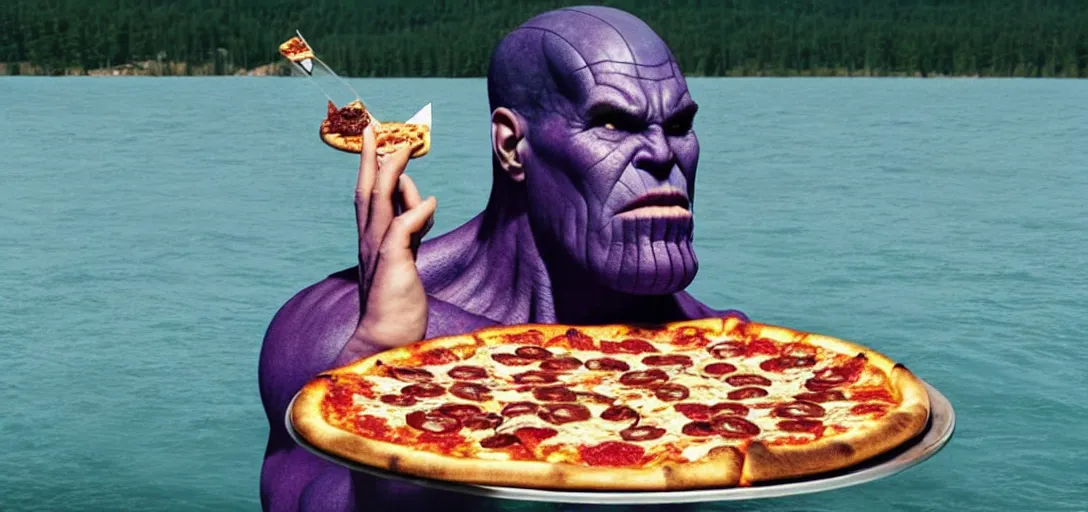 Image similar to a very high resolution image from a new movie. thanos eating pizza on a lake, photorealistic, photography, directed by wes anderson