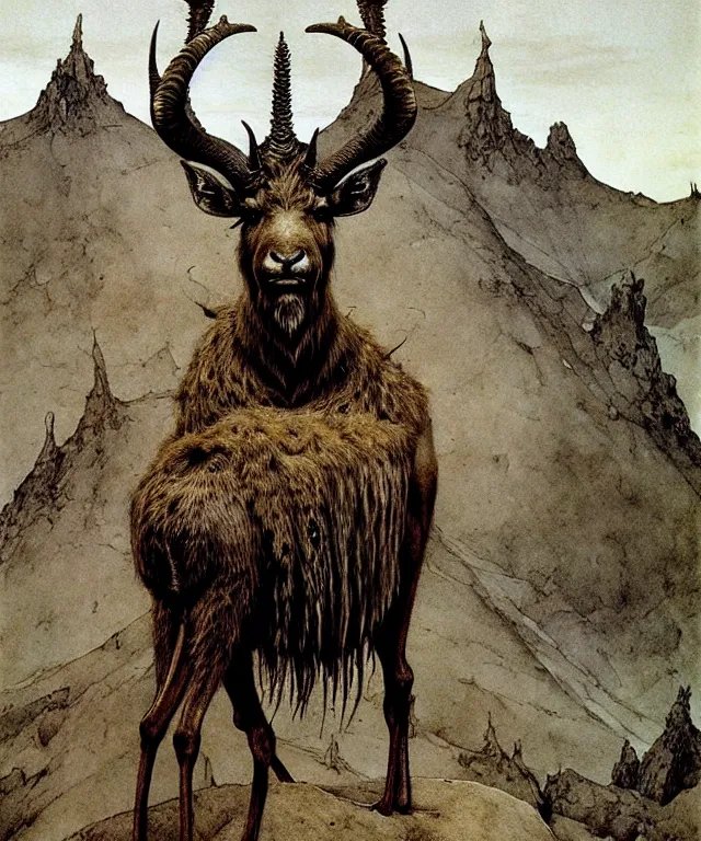 Prompt: A detailed horned antelopeman stands among the hills. Wearing a ripped mantle, robe. Extremely high details, realistic, fantasy art, solo, masterpiece, art by Zdzisław Beksiński, Arthur Rackham, Dariusz Zawadzki