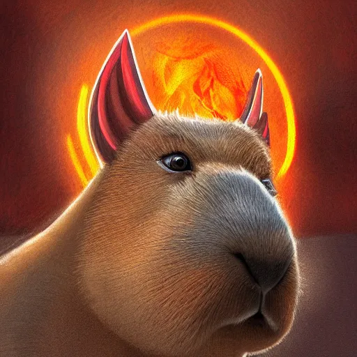 Prompt: a detailed digital painting of a capybara mixed with a demon god in hell