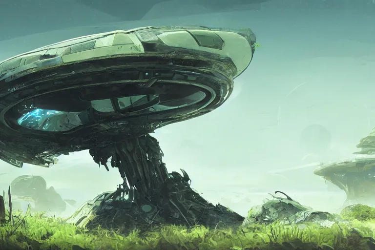 Image similar to concept art of a crashed alien spaceship on a strange alien planet with tall vegetation, artstation, 4k