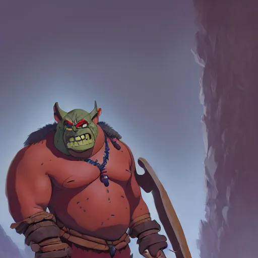 Image similar to orc chief, artstation, cartoon, elegant, highly detailed, digital painting, concept art, smooth, sharp focus, illustration, art by ghibli, makoto shinkai, don bluth, fujita goro, jean giraud, atey ghailan, akihiko yoshida, tom whalen, fadeev 8 k