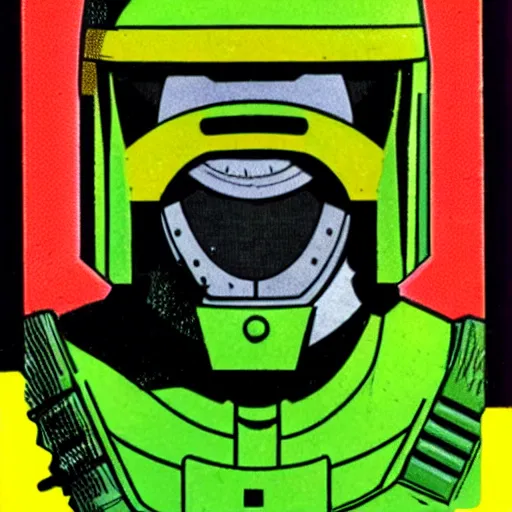 Image similar to portrait of a mutant chronicles bauhaus doomtrooper, wearing green battle armor, a yellow smiley sticker centered on helmet, by moebius