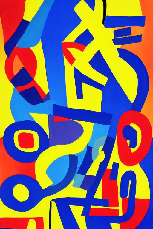 Image similar to Abstract painting representation of jazz musicians, musical notes, the letters J,A,Z, and Z in the style of Stuart Davis colors cobalt blue, ultramarine blue, yellow, red, white, black