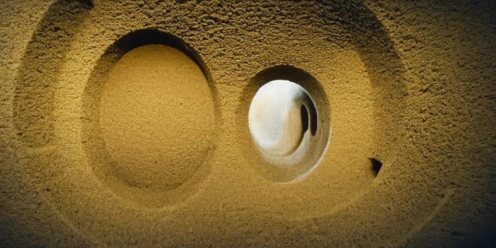 Image similar to nostalgic hyper liminal photo, sponge with many tunnels inside each hole, tunnels lead to different worlds, surreal, ominous creature hiding detailed, high definition, mysterious, low quality photo, surrealist depiction of a normal sponge, trending, m. c. esher