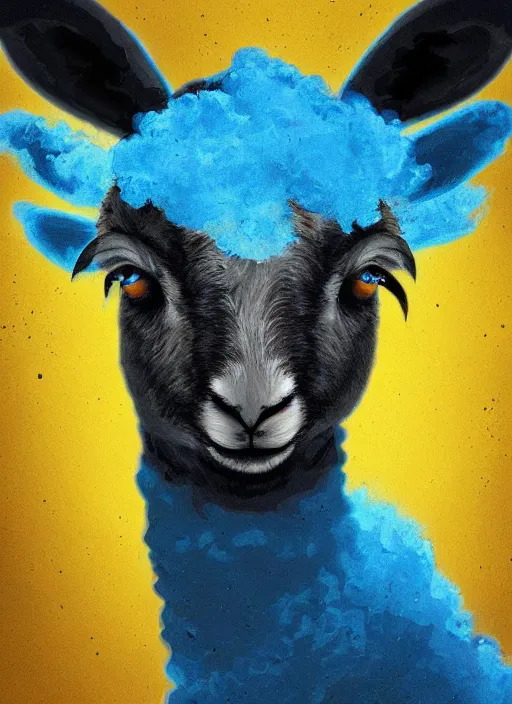 Image similar to a painting of a lamb's face with blue and yellow smoke coming out of, a digital painting by petros afshar, behance contest winner, digital art, behance hd, digital illustration, digital painting